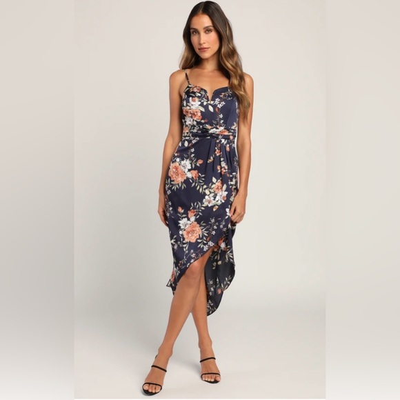 Lulus. Navy Blue Floral Print Tulip Skirt Midi Dress - Picture 1 of 11